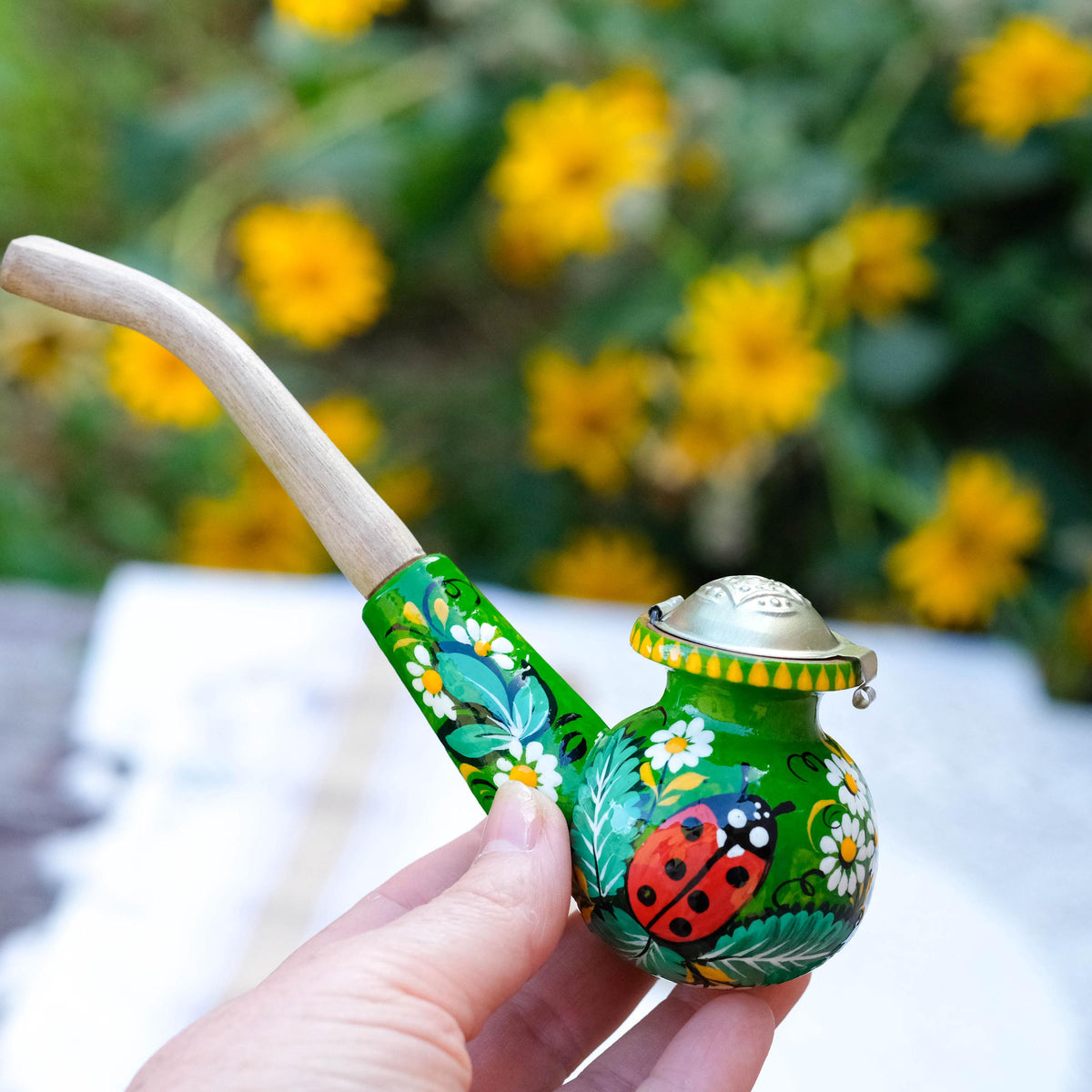 Painted Wooden Smoking Pipe - Ladybug Tobacco Pipe with Lid, Ukrainian Folk Art Petrykivka
