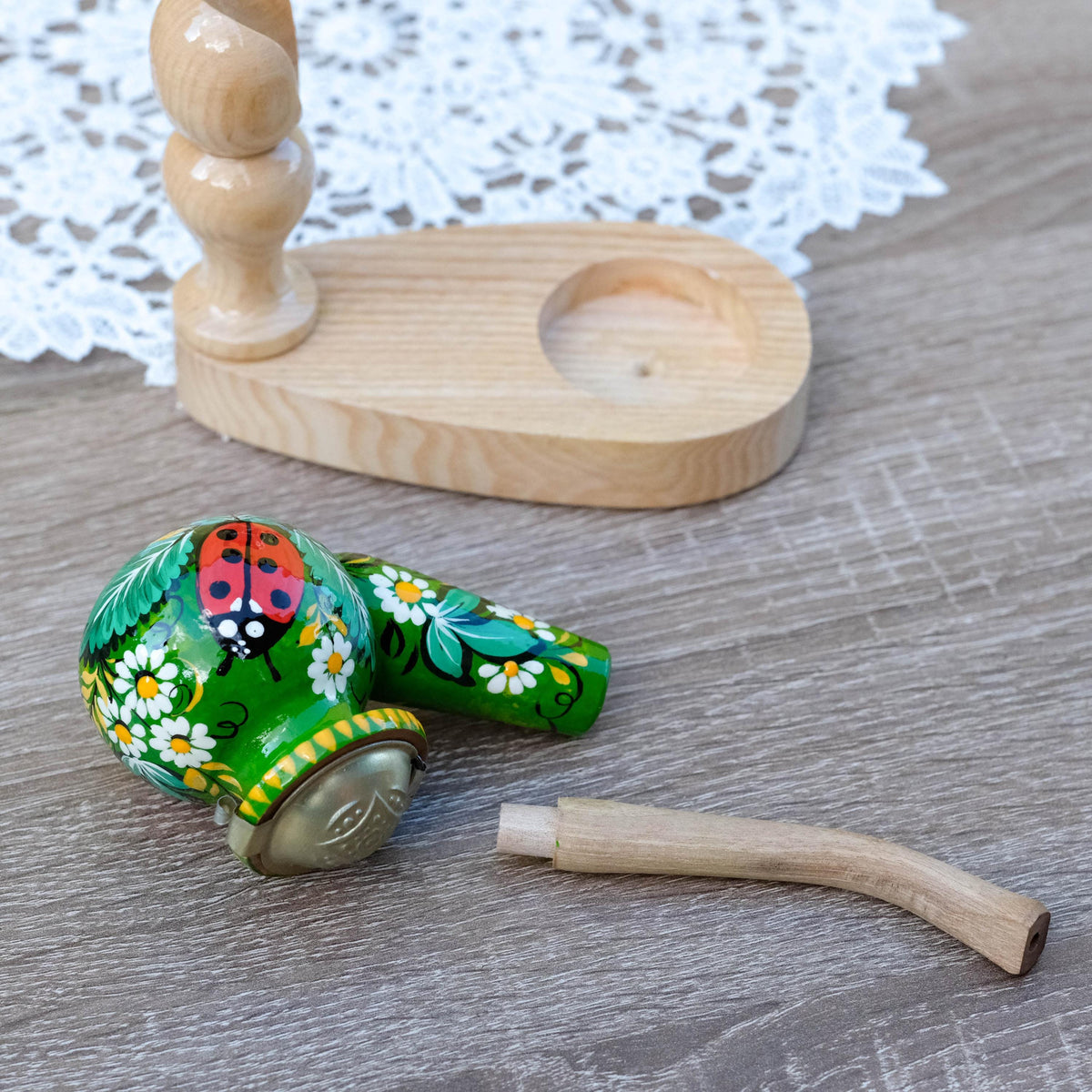 Painted Wooden Smoking Pipe - Ladybug Tobacco Pipe with Lid, Ukrainian Folk Art Petrykivka