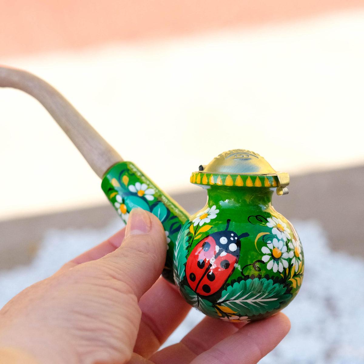 Painted Wooden Smoking Pipe - Ladybug Tobacco Pipe with Lid, Ukrainian Folk Art Petrykivka