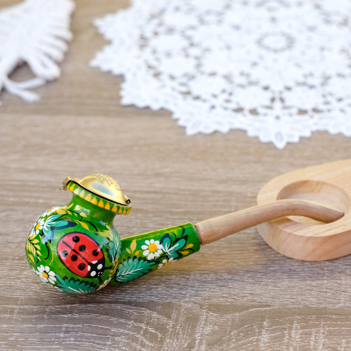 Painted Wooden Smoking Pipe - Ladybug Tobacco Pipe with Lid, Ukrainian Folk Art Petrykivka