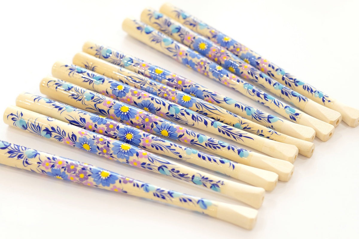 Long regular cigarette holder 7.8"/20 cm - Hand-painted wooden blue flower cigarette holder with Ukrainian Petrykivka art
