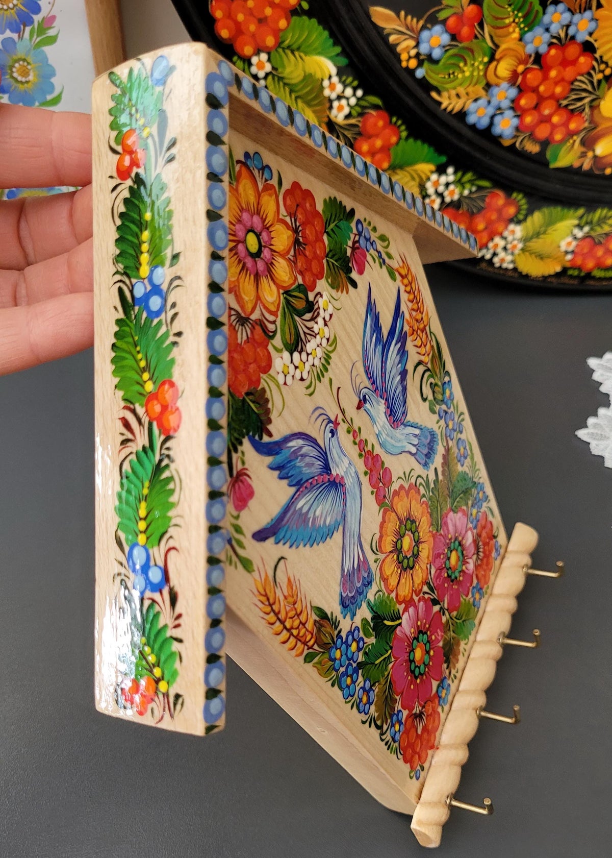 Hand-painted Key Holder, Wooden house-shaped key hanger with Dove couple - Ukrainian Petrykivka Art