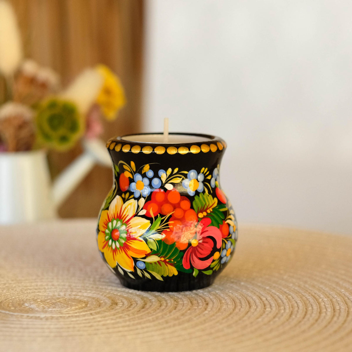 Hand-Painted Petrykivka Sunflower Tea Light Holder, Ukrainian Folk Art Candle Holder