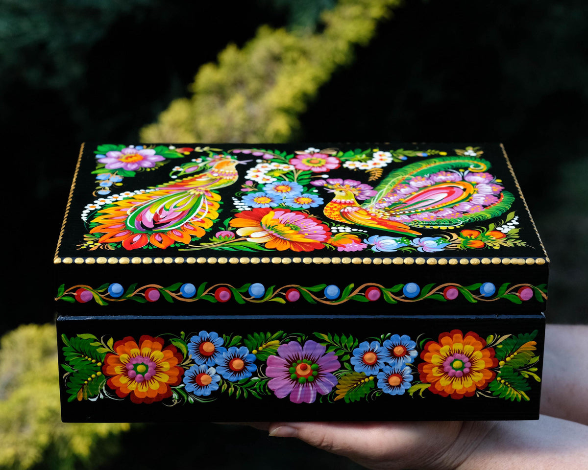 Large Painted Wooden Jewelry Box 9.5" - Ukrainian Firebird Couple Treasure Chest with Petrykivka Folk Art