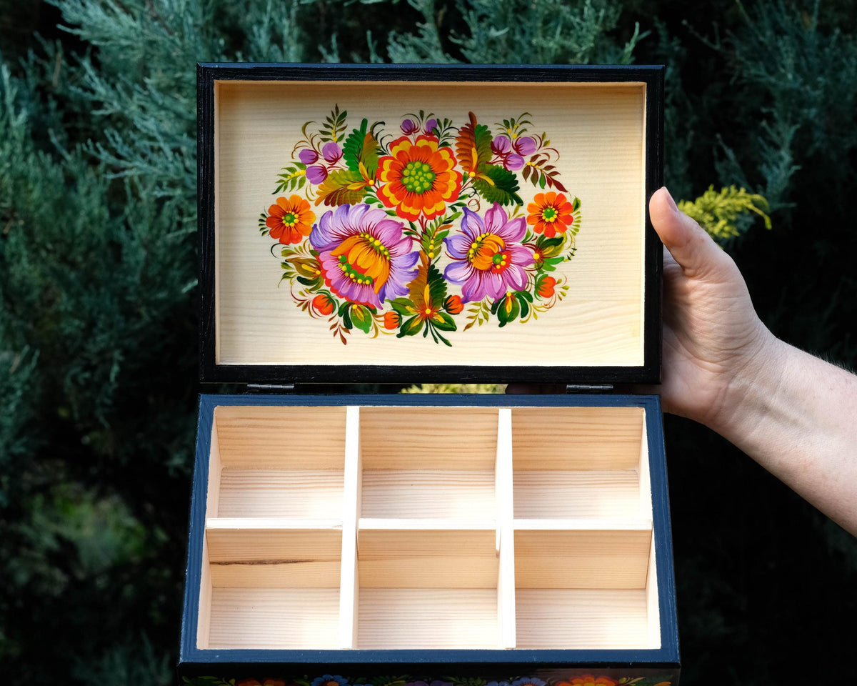 Large Painted Wooden Jewelry Box 9.5" - Ukrainian Firebird Couple Treasure Chest with Petrykivka Folk Art