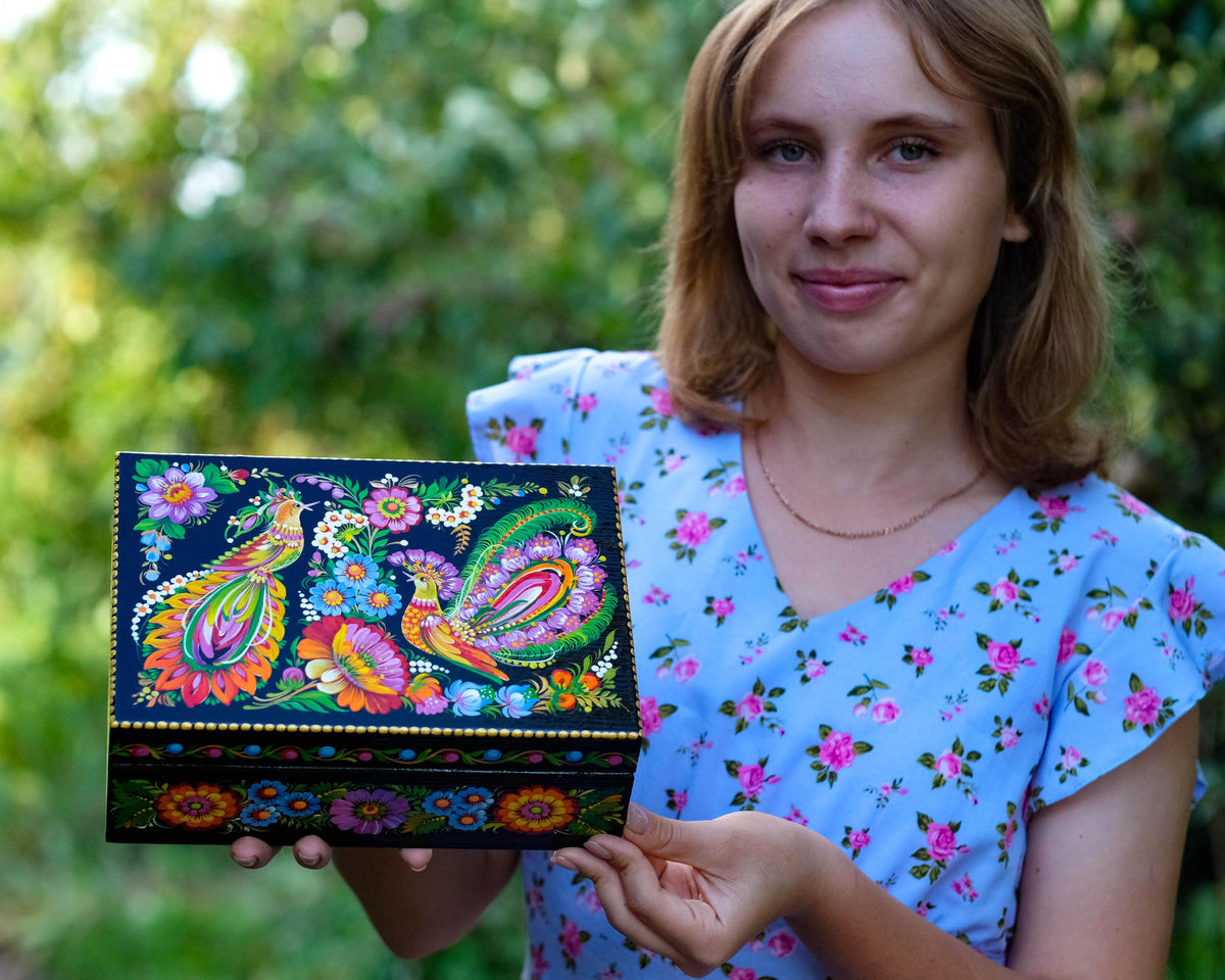 Large Painted Wooden Jewelry Box 9.5" - Ukrainian Firebird Couple Treasure Chest with Petrykivka Folk Art