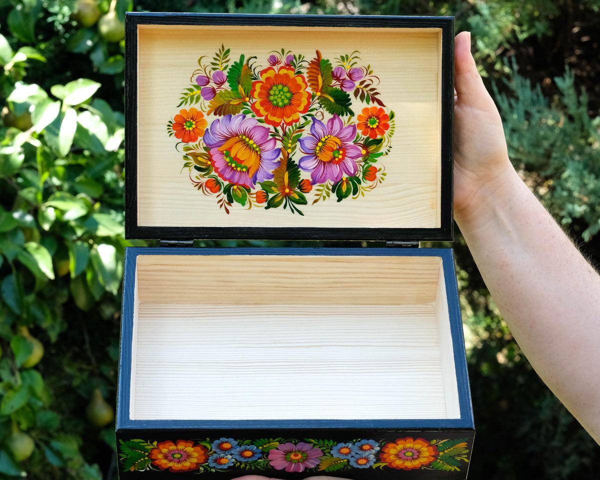 Large Painted Wooden Jewelry Box 9.5" - Ukrainian Firebird Couple Treasure Chest with Petrykivka Folk Art