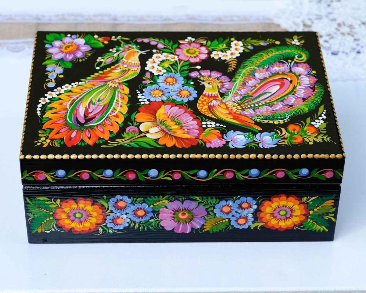 Large Painted Wooden Jewelry Box 9.5" - Ukrainian Firebird Couple Treasure Chest with Petrykivka Folk Art
