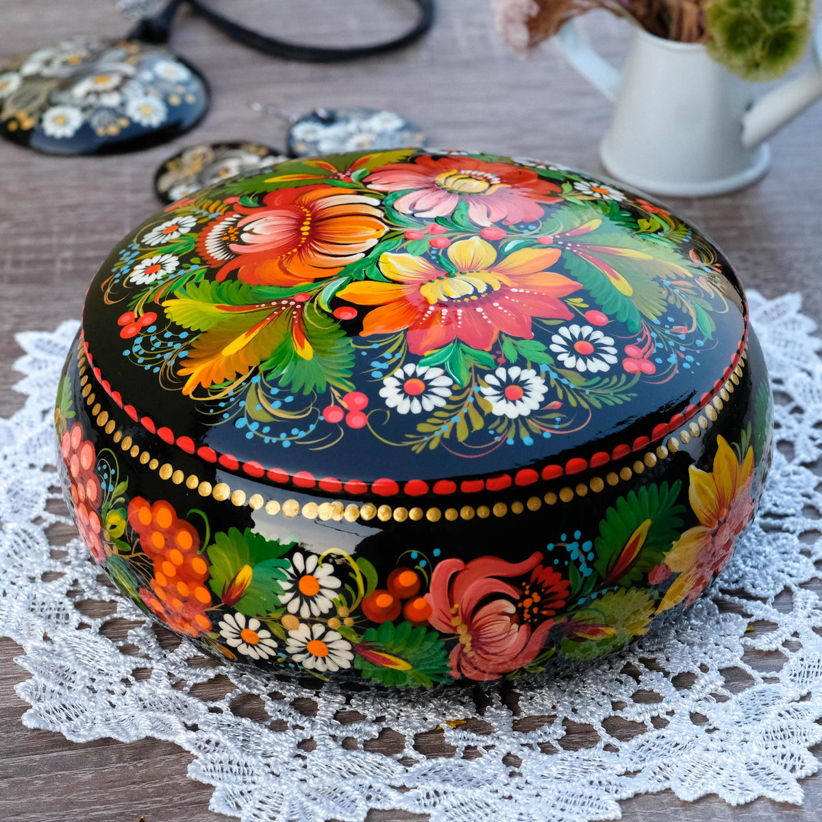 Painted Wooden Sunflower Jewelry Box with Ukrainian Petrykivka Art
