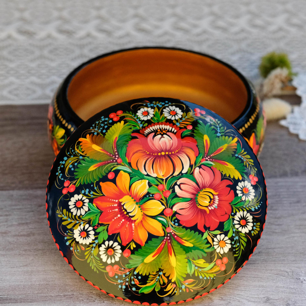 Painted Wooden Sunflower Jewelry Box with Ukrainian Petrykivka Art