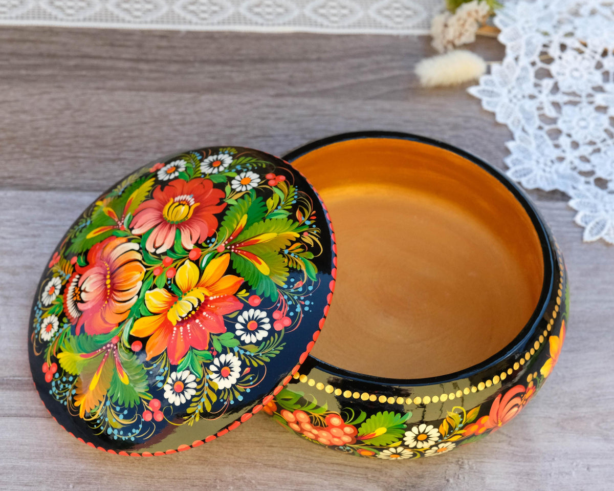 Painted Wooden Sunflower Jewelry Box with Ukrainian Petrykivka Art