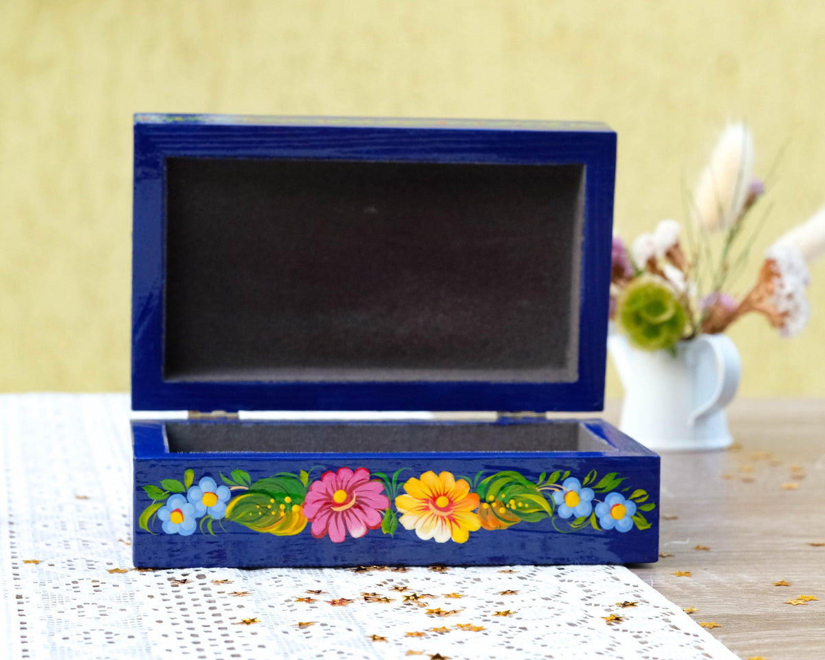 Painted Wooden Jewelry Box 5.9" - Ukrainian Petrykivka Treasure Chest with soft flocked lining inside
