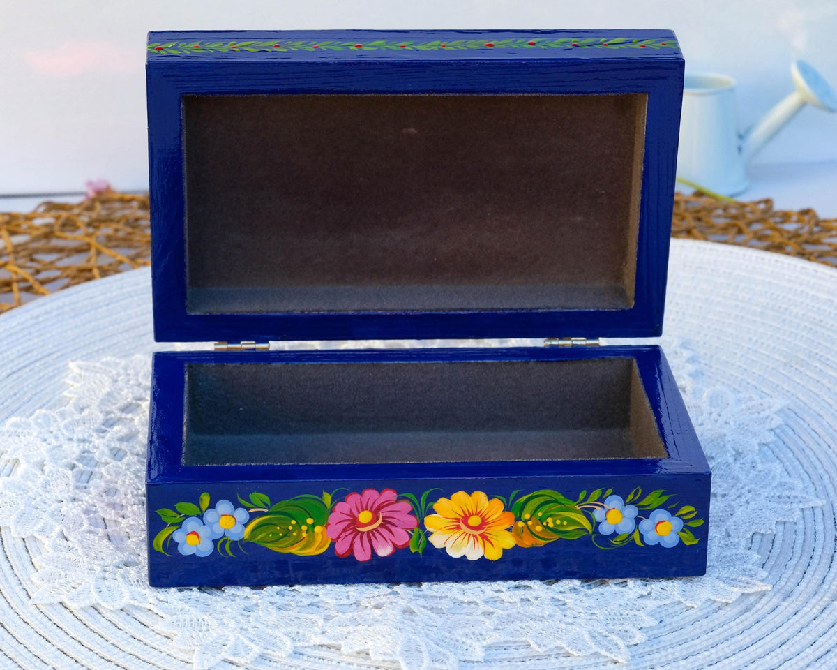 Painted Wooden Jewelry Box 5.9" - Ukrainian Petrykivka Treasure Chest with soft flocked lining inside
