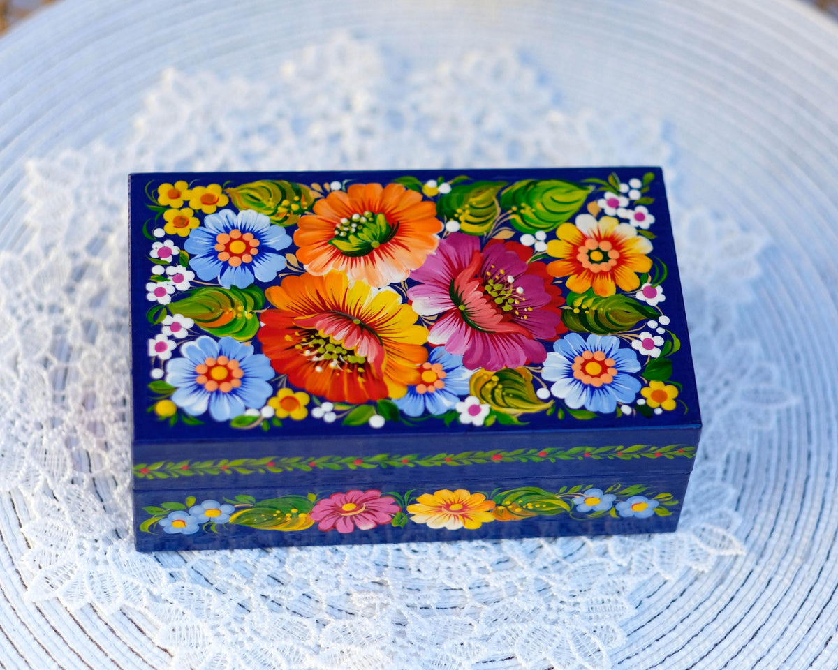 Painted Wooden Jewelry Box 5.9" - Ukrainian Petrykivka Treasure Chest with soft flocked lining inside