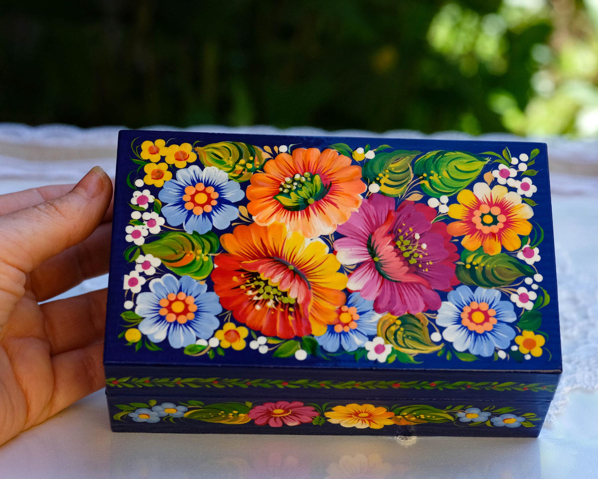 Painted Wooden Jewelry Box 5.9" - Ukrainian Petrykivka Treasure Chest with soft flocked lining inside