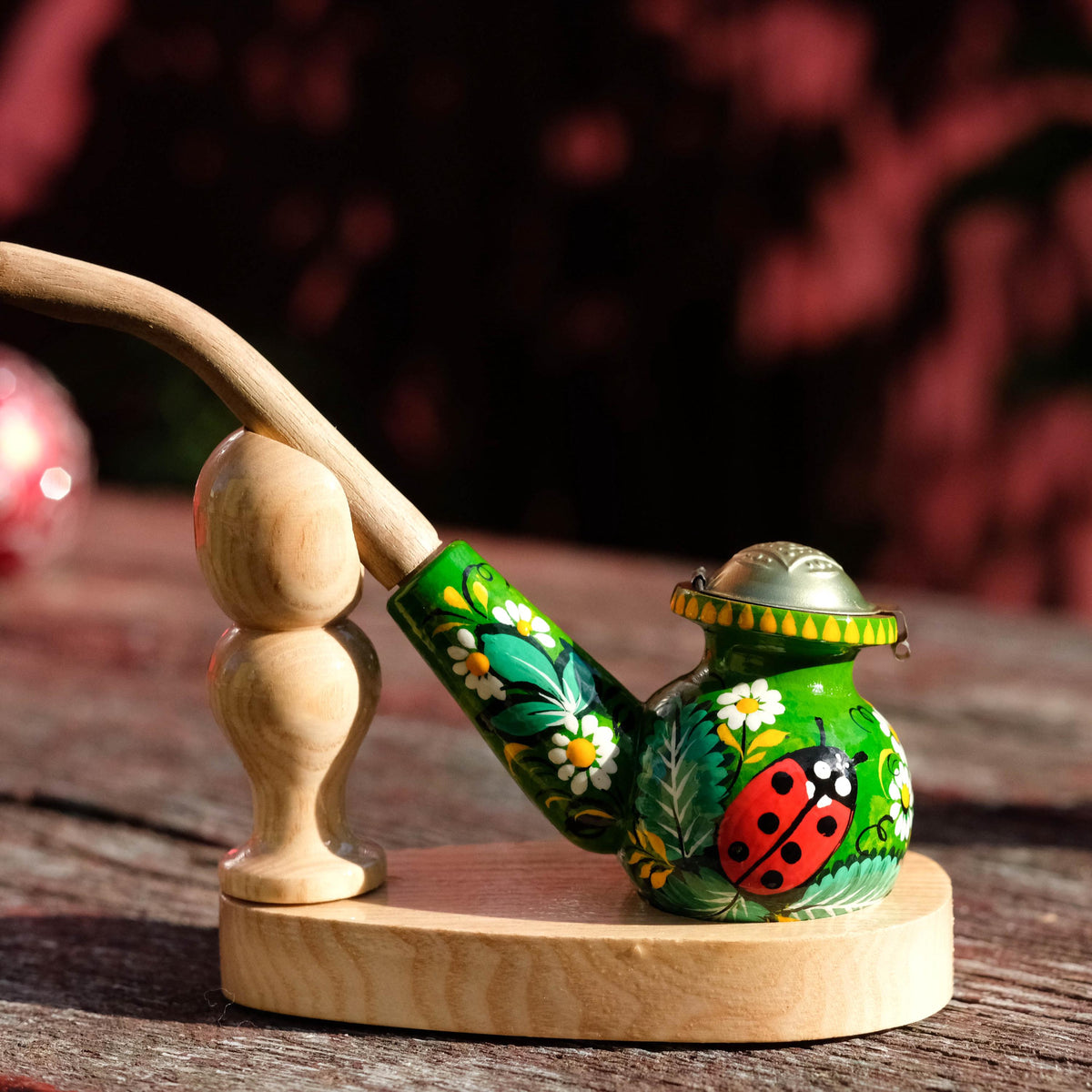 Painted Wooden Smoking Pipe - Ladybug Tobacco Pipe with Lid, Ukrainian Folk Art Petrykivka