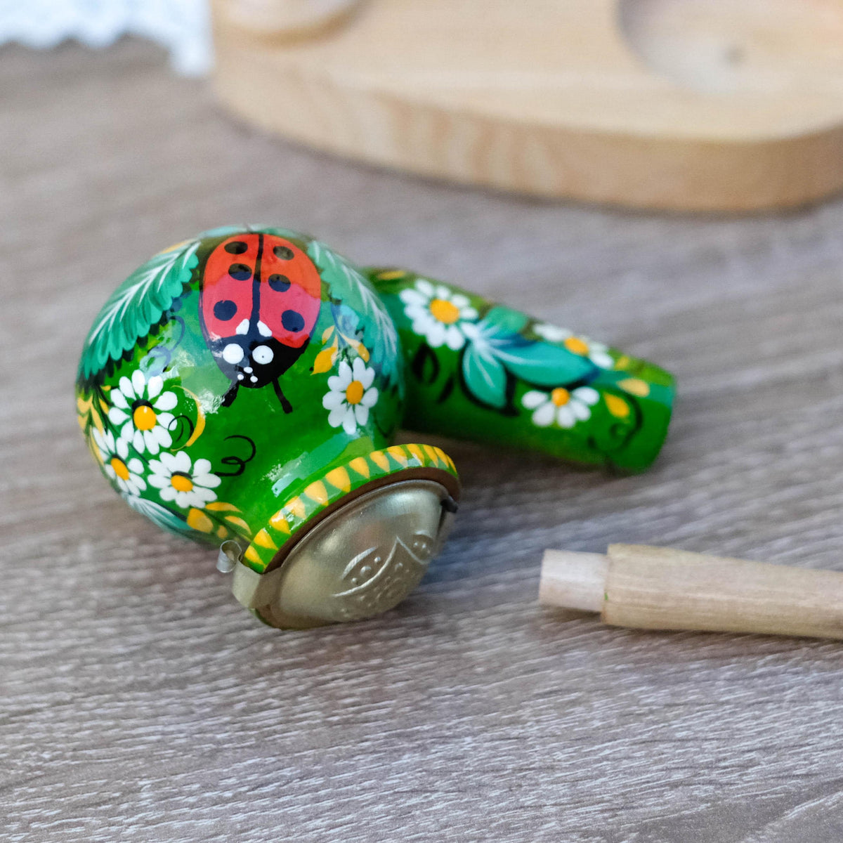 Painted Wooden Smoking Pipe - Ladybug Tobacco Pipe with Lid, Ukrainian Folk Art Petrykivka
