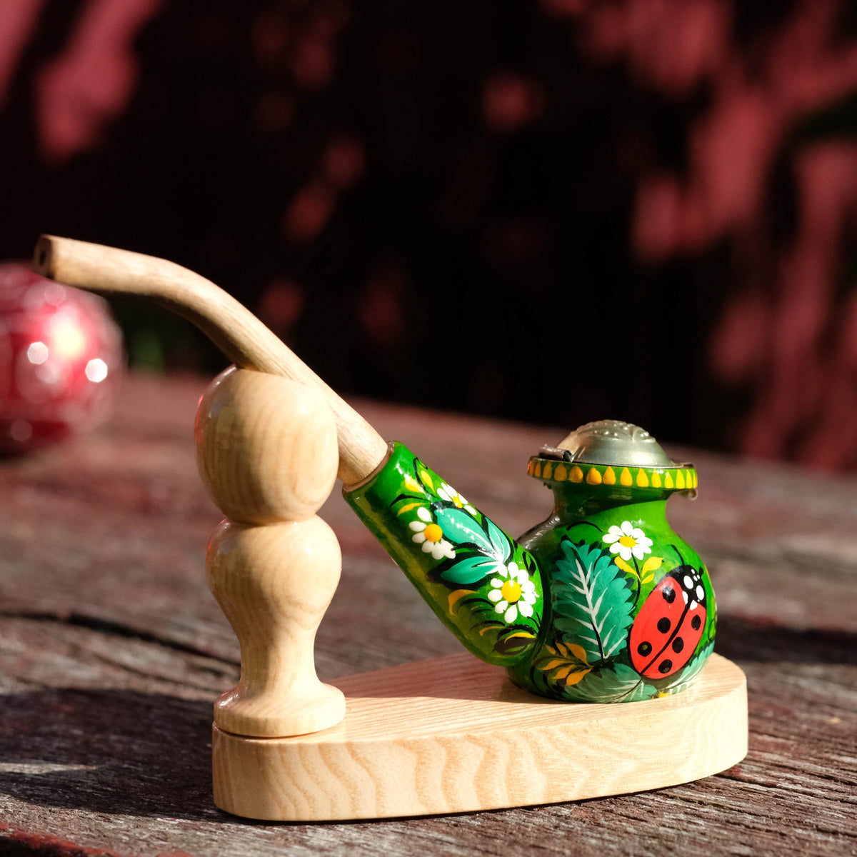 Painted Wooden Smoking Pipe - Ladybug Tobacco Pipe with Lid, Ukrainian Folk Art Petrykivka