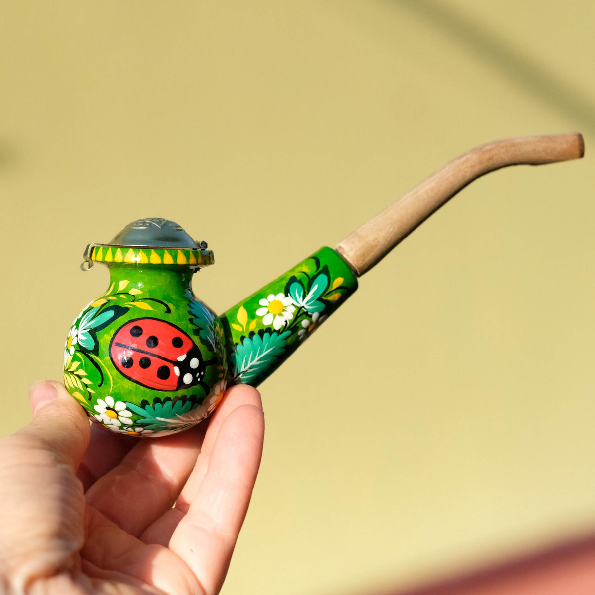Painted Wooden Smoking Pipe - Ladybug Tobacco Pipe with Lid, Ukrainian Folk Art Petrykivka