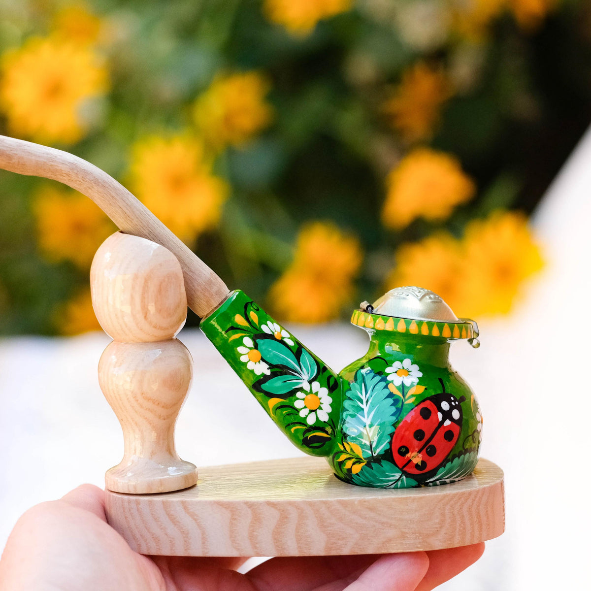 Painted Wooden Smoking Pipe - Ladybug Tobacco Pipe with Lid, Ukrainian Folk Art Petrykivka