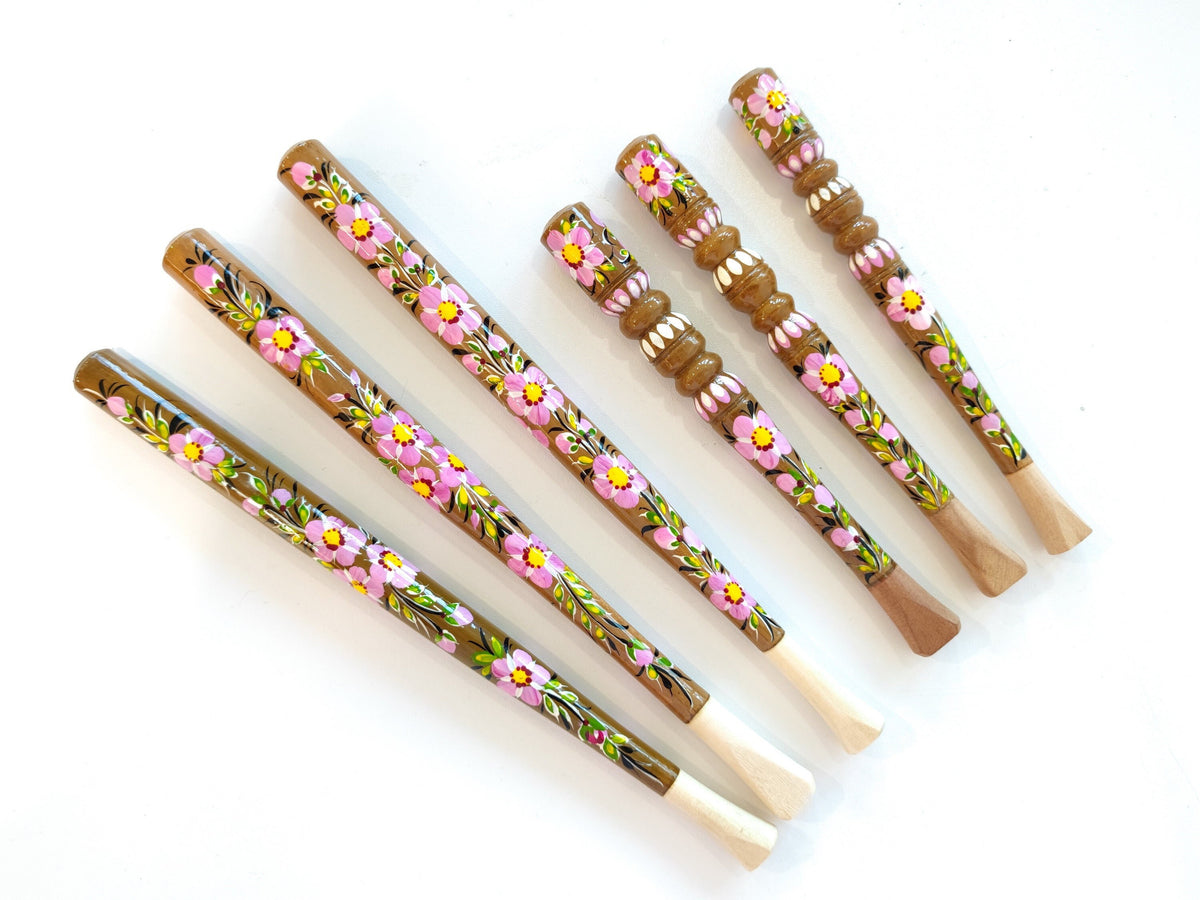 Wooden Regular Cherry Blossom cigarette holder painted with Ukrainian Folk Art Petrykivka
