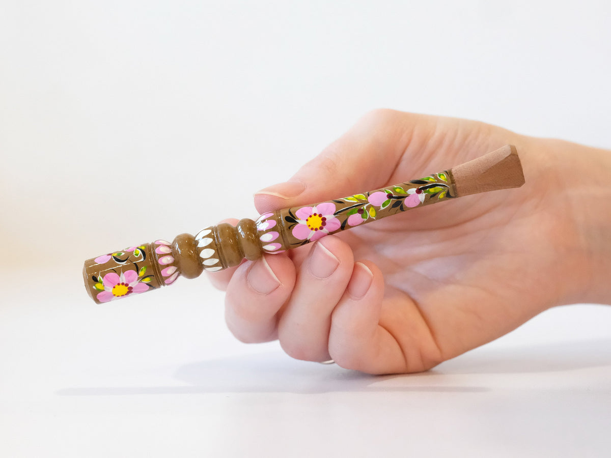 Wooden Regular Cherry Blossom cigarette holder painted with Ukrainian Folk Art Petrykivka