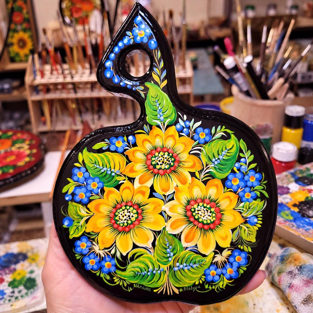 Painted Wooden Apple-shaped Mini Cutting Board with Sunflowers - Ukrainian Petrykivka Art