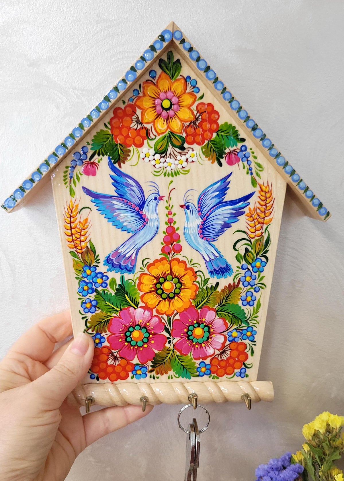 Hand-painted Key Holder, Wooden house-shaped key hanger with Dove couple - Ukrainian Petrykivka Art