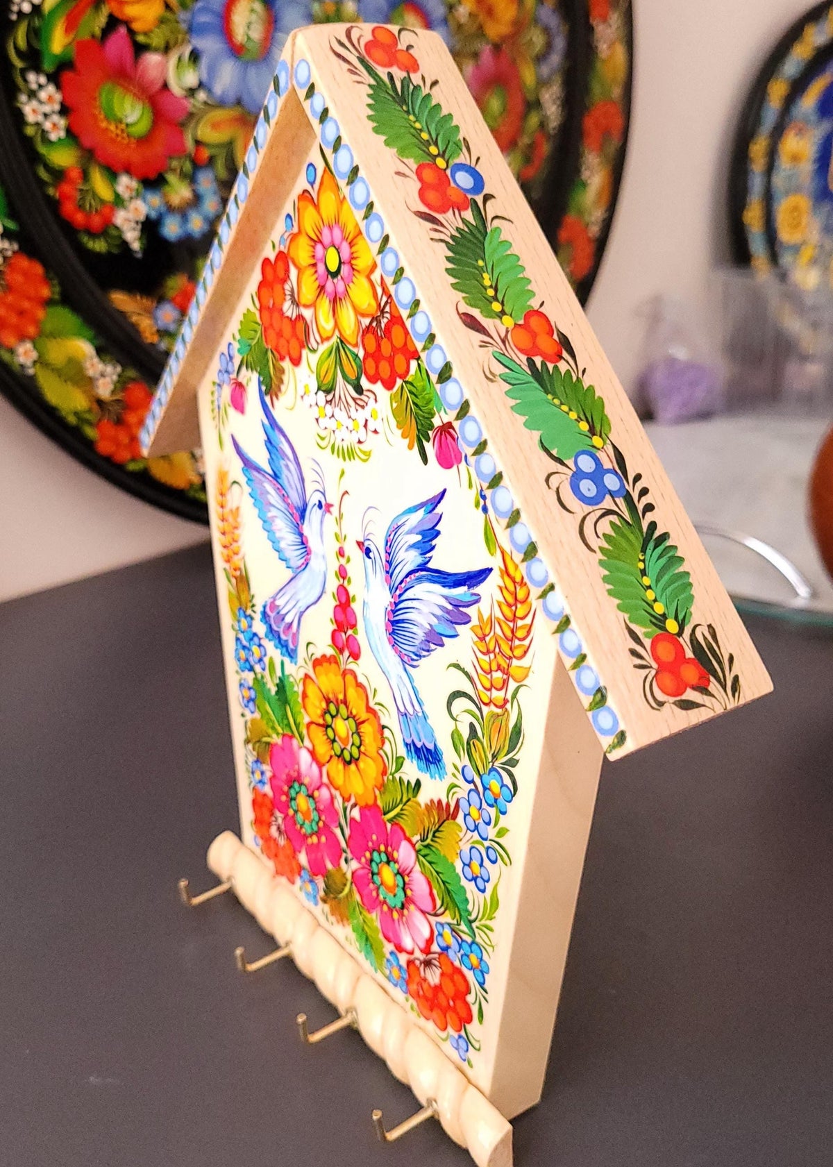 Hand-painted Key Holder, Wooden house-shaped key hanger with Dove couple - Ukrainian Petrykivka Art