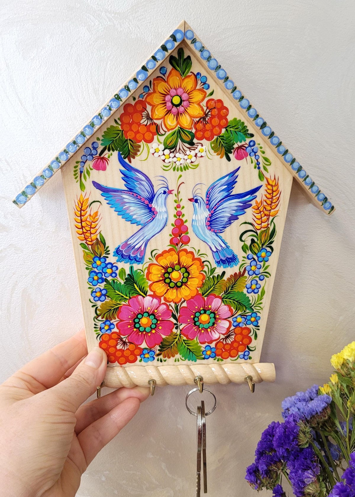 Hand-painted Key Holder, Wooden house-shaped key hanger with Dove couple - Ukrainian Petrykivka Art