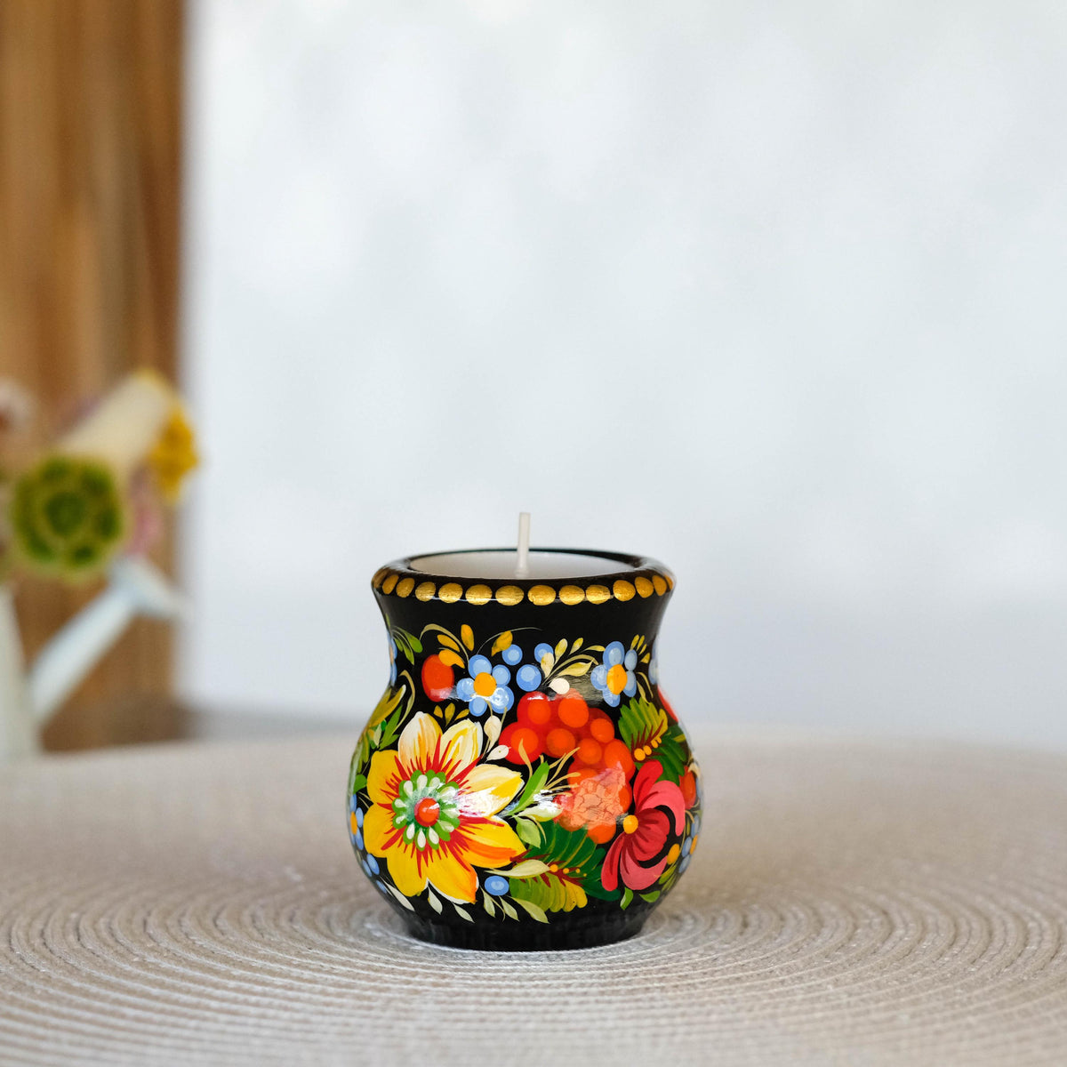 Hand-Painted Petrykivka Sunflower Tea Light Holder, Ukrainian Folk Art Candle Holder