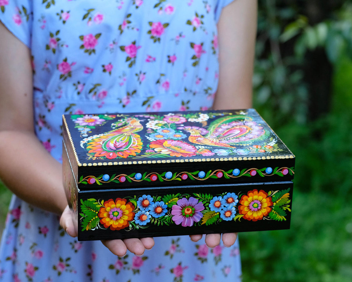 Large Painted Wooden Jewelry Box 9.5" - Ukrainian Firebird Couple Treasure Chest with Petrykivka Folk Art