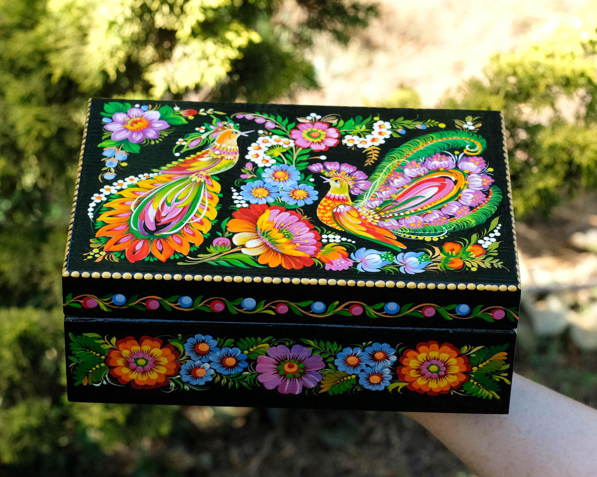 Large Painted Wooden Jewelry Box 9.5" - Ukrainian Firebird Couple Treasure Chest with Petrykivka Folk Art
