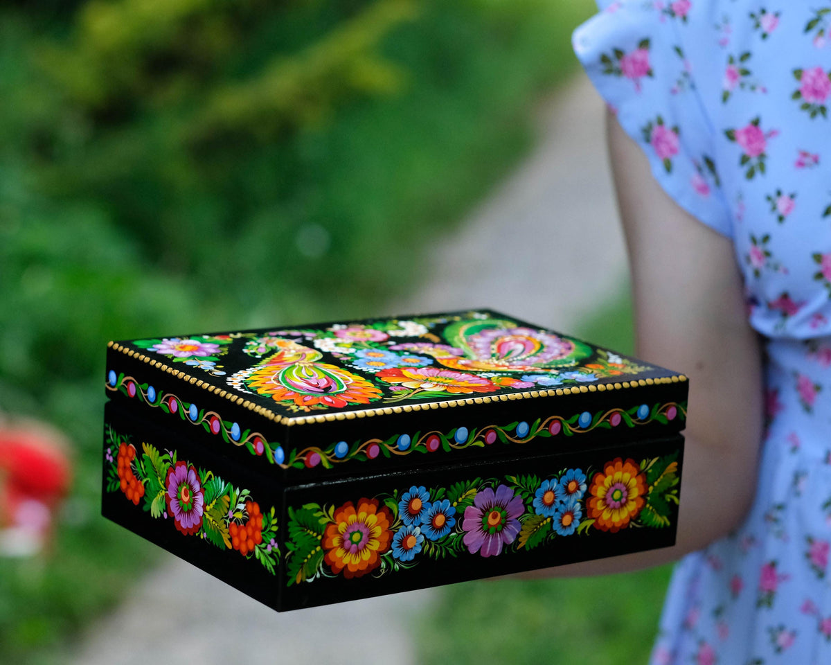 Large Painted Wooden Jewelry Box 9.5" - Ukrainian Firebird Couple Treasure Chest with Petrykivka Folk Art