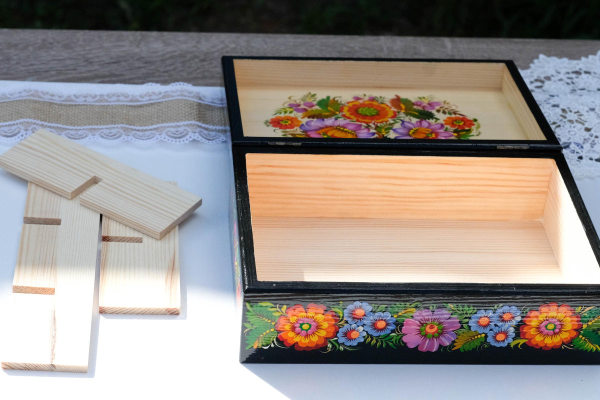 Large Painted Wooden Jewelry Box 9.5" - Ukrainian Firebird Couple Treasure Chest with Petrykivka Folk Art
