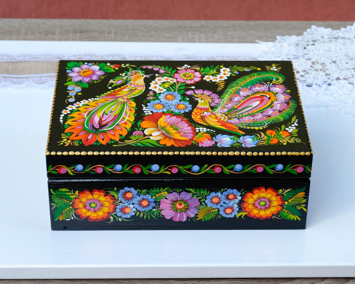 Large Painted Wooden Jewelry Box 9.5" - Ukrainian Firebird Couple Treasure Chest with Petrykivka Folk Art