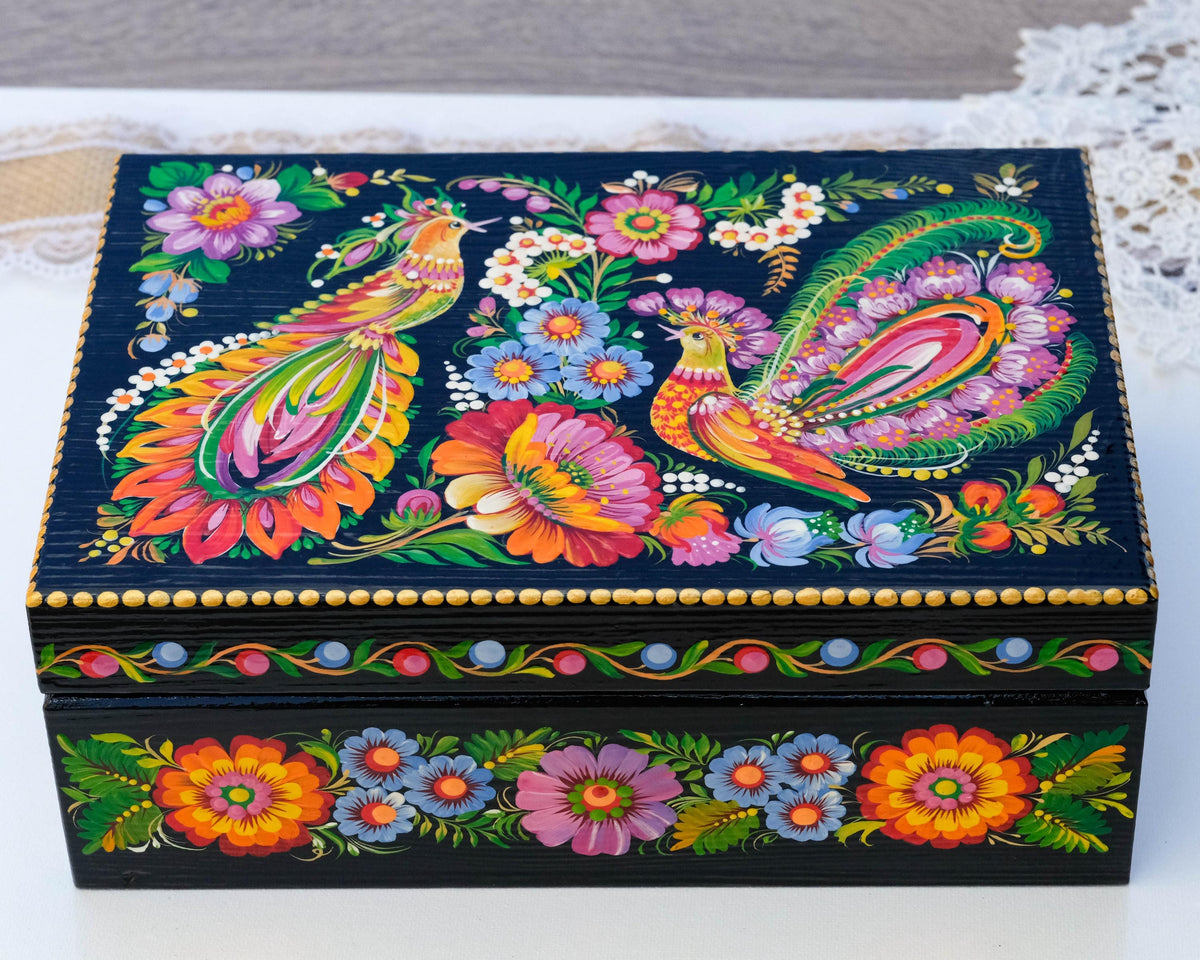 Large Painted Wooden Jewelry Box 9.5" - Ukrainian Firebird Couple Treasure Chest with Petrykivka Folk Art