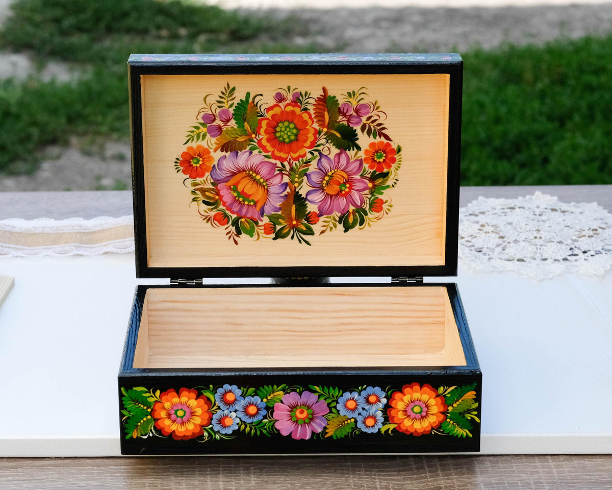 Large Painted Wooden Jewelry Box 9.5" - Ukrainian Firebird Couple Treasure Chest with Petrykivka Folk Art