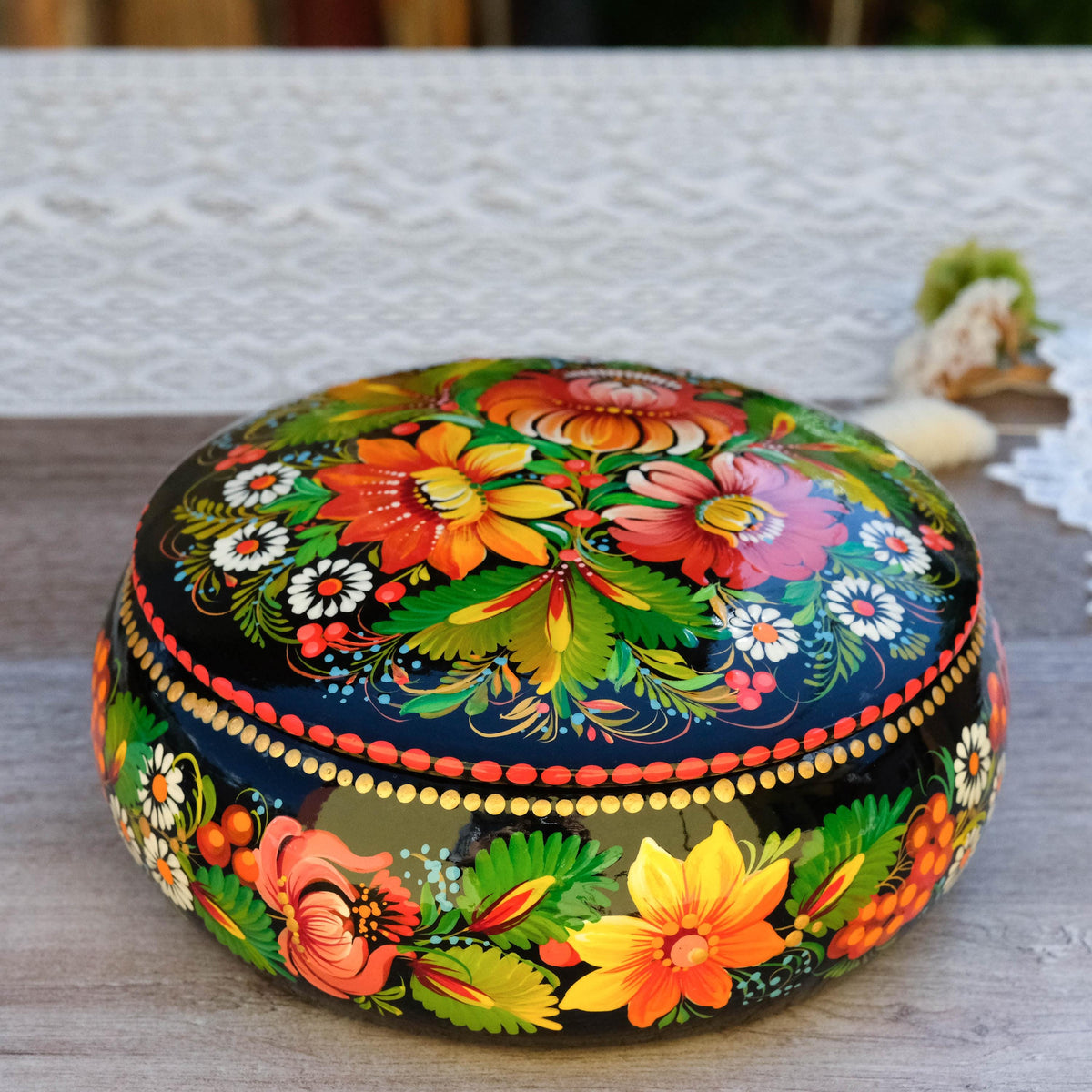 Painted Wooden Sunflower Jewelry Box with Ukrainian Petrykivka Art