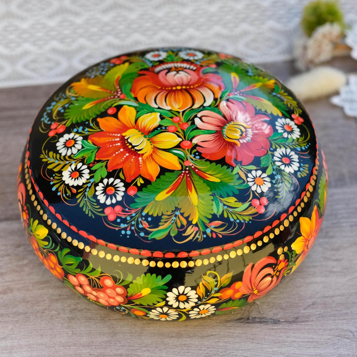Painted Wooden Sunflower Jewelry Box with Ukrainian Petrykivka Art