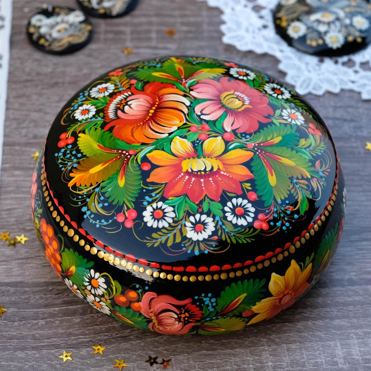 Painted Wooden Sunflower Jewelry Box with Ukrainian Petrykivka Art