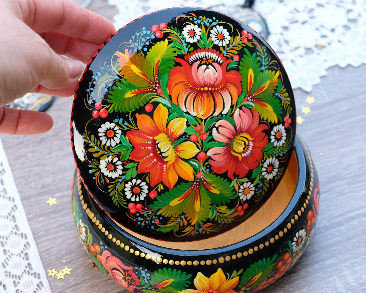 Painted Wooden Sunflower Jewelry Box with Ukrainian Petrykivka Art
