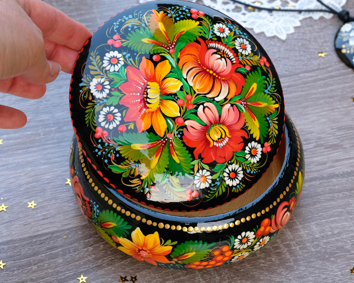 Painted Wooden Sunflower Jewelry Box with Ukrainian Petrykivka Art