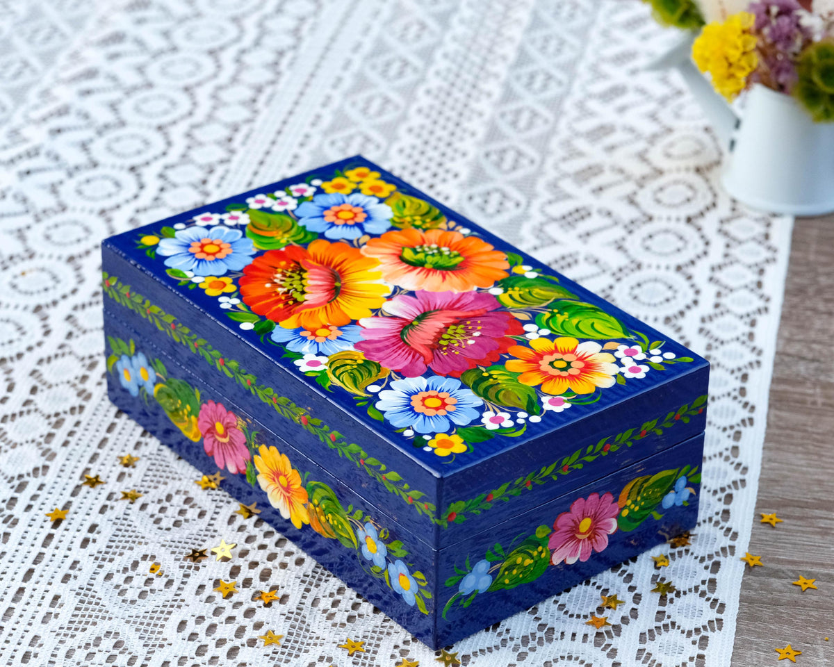 Painted Wooden Jewelry Box 5.9" - Ukrainian Petrykivka Treasure Chest with soft flocked lining inside
