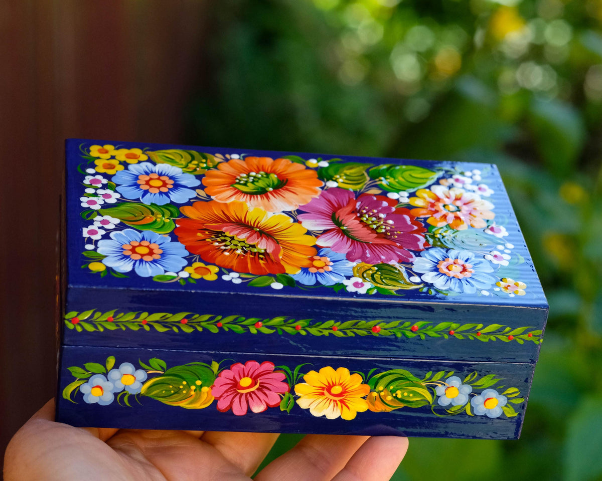 Painted Wooden Jewelry Box 5.9" - Ukrainian Petrykivka Treasure Chest with soft flocked lining inside