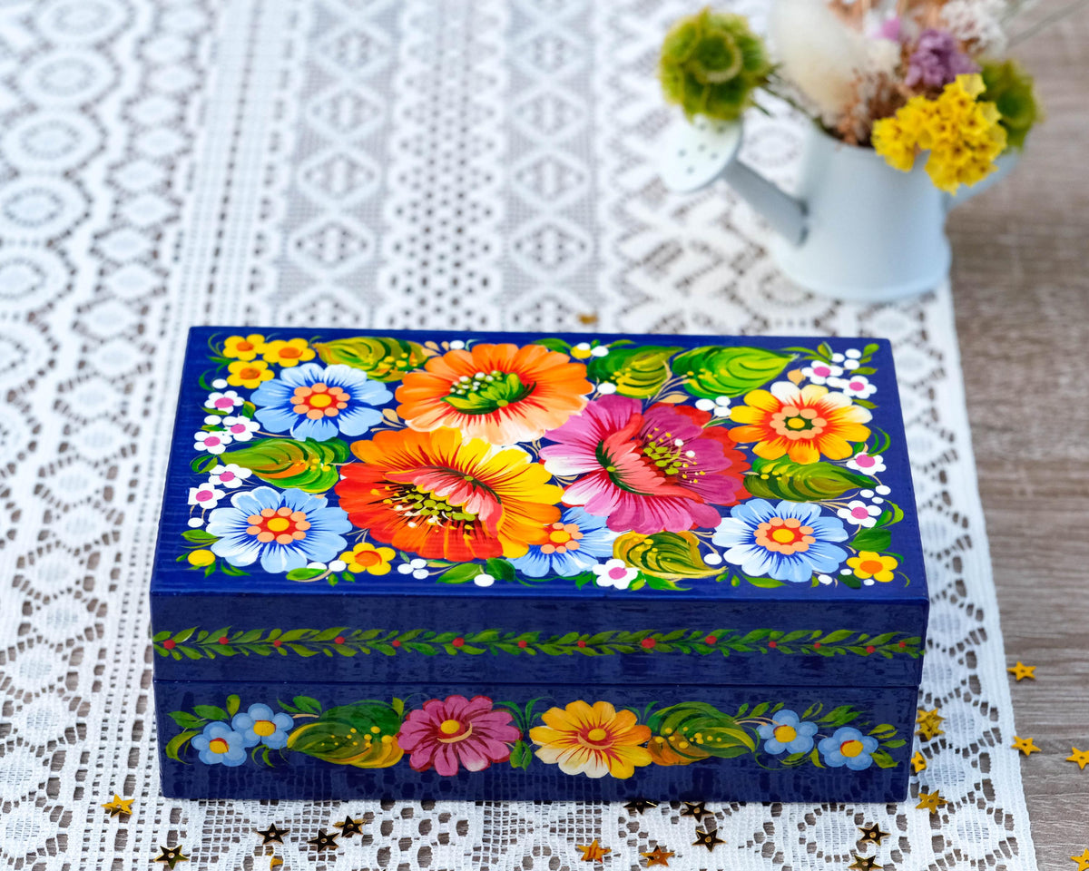 Painted Wooden Jewelry Box 5.9" - Ukrainian Petrykivka Treasure Chest with soft flocked lining inside