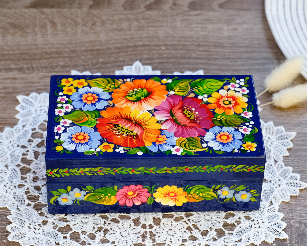 Painted Wooden Jewelry Box 5.9" - Ukrainian Petrykivka Treasure Chest with soft flocked lining inside