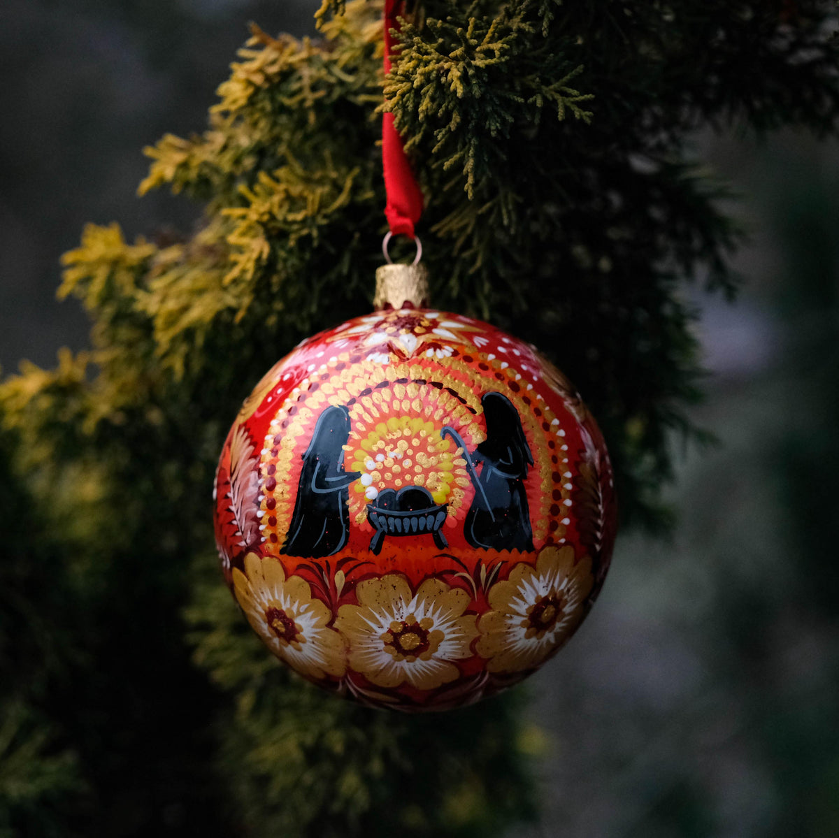 Hand-painted Nativity scene ornament - Ukrainian Folk Art Petrykivka Christmas ball, Red flower bauble ornament