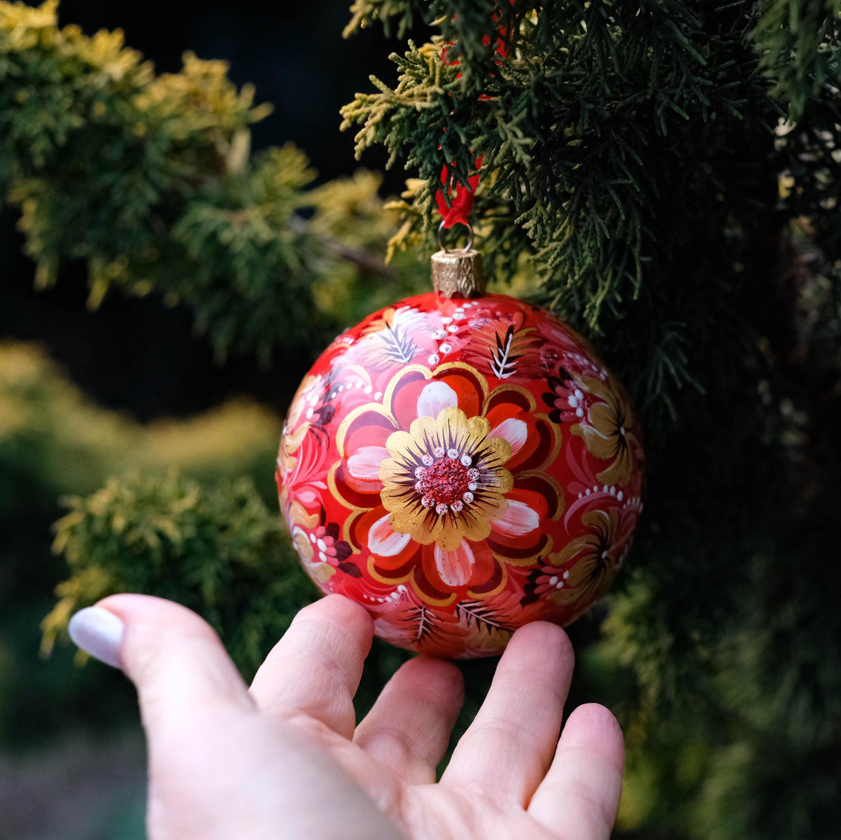 Hand-painted Nativity scene ornament - Ukrainian Folk Art Petrykivka Christmas ball, Red flower bauble ornament