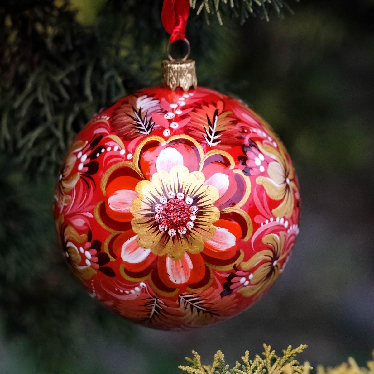 Hand-painted Nativity scene ornament - Ukrainian Folk Art Petrykivka Christmas ball, Red flower bauble ornament